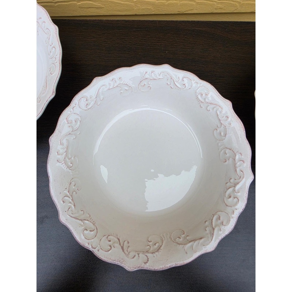 Pier 1 Imports Antique Scroll Soup Pasta Bowls Set of 4 White Scalloped 8.5 inch